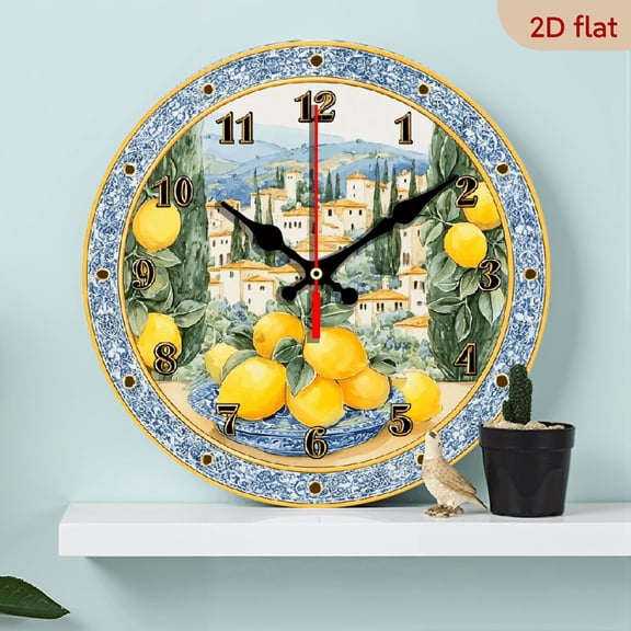 2D Flat 1pc 10Inch WoodenYellow Lemon Design 10 Inches European and American Style Round Silent Plane Clock - Battery Not Included, Silent Wall Clock, Add Joyful Time Your Study or Living Room