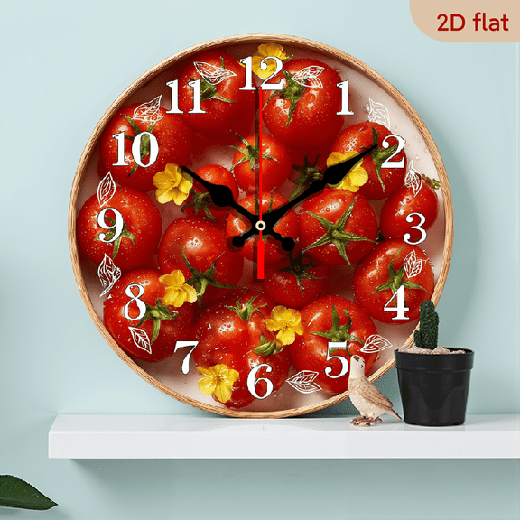 2D Flat 1pc 10Inch Wooden omato-Themed Round Wall Clock - Farmhouse Kitchen Decor with Cute Tomato Vine Design, Large Easy-to-Read Hands, Quiet -Free Artificial Wood Clock Suitable for Roo