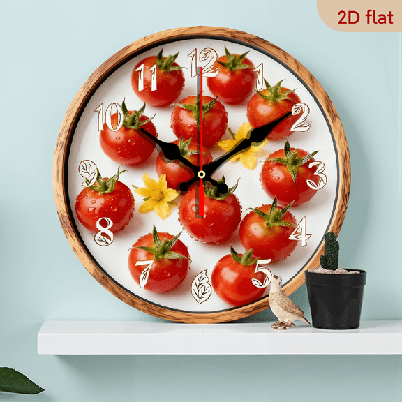 2D Flat 1pc 10Inch Wooden omato-Themed Round Wall Clock - Farmhouse Kitchen Decor with Cute Tomato Vine Design, Large Easy-to-Read Hands, Quiet Non-Ticking -Free Artificial Wood Clock