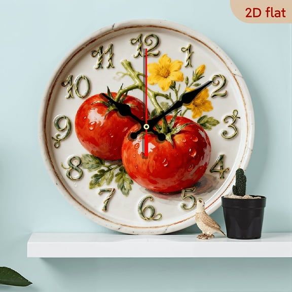2D Flat 1pc 10Inch Wooden omato-Themed Round Wall Clock - Farmhouse Style Silent Non-Ticking Large Easy-to-Read Face with Tomato Vine Design, Artificial Wood Round Clock for Kitchen, Bedroom