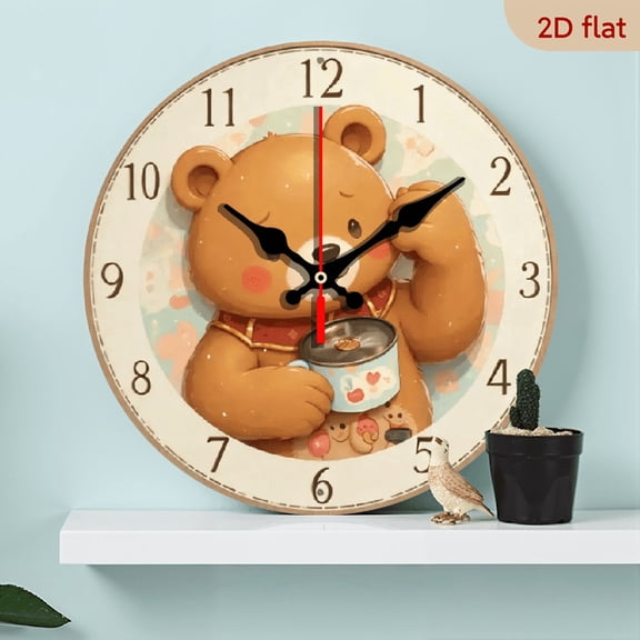 2D Flat 1pc 10Inch Wooden recycled wood silent round wall clock - cute teddy bear pattern design, battery-powered (excluding AA battery), recycled wood, Roman numerals, various styles