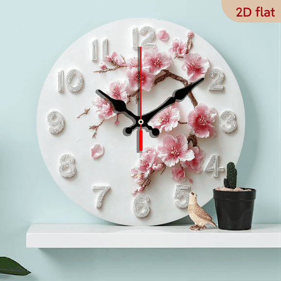 2D Flat 1pc 10Inch Wooden round wall clock pink cherry blossom branch stereoscopic digital decoration silentsuitable for living room, bedroom, study, dining room and bathroom, 10 Inch,
