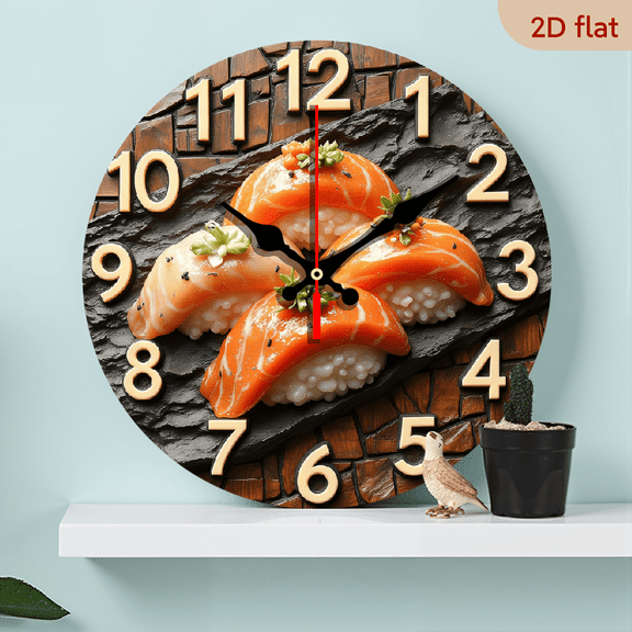2D Flat 1pc 10Inch Wooden sushi-themed wall clock, handmade craft, silent movement, suitable for living room, aesthetic space, bedroom, dining area, spiritual home decor, ideal gift
