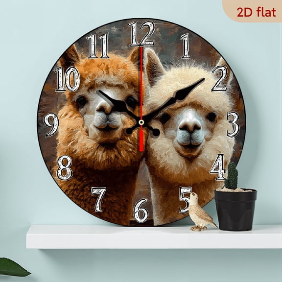 2D Flat 1pc 10Inch Wooden wall clock Modern fantasy theme Alpaca-themed wall clock for Living room bedroom, kitchen office, home Christmas, Thanksgiving decoration, ideal birthday gift