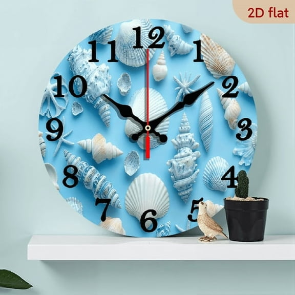 2D Flat 1pc 10Inch Wooden wall-mounted clock, 2D flat 10-inch Marine shell round wooden wall-mounted clock, (excluding AA battery), suitable for home, kitchen, swimming pool or bathroo