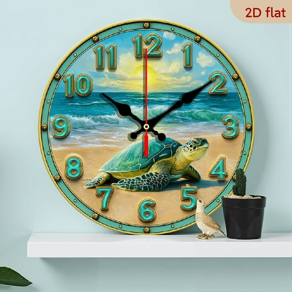 2D Flat 1pc 10Inch Wooden wall-mounted clock, Turtle Sunrise Beach Design round wooden wall-mounted clock, battery-powered (excluding AA battery), suitable for home, swimming pool or bathroom
