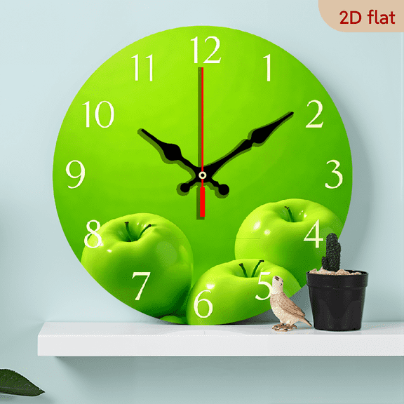 2D Flat 1pc 10Inch Wooden2D Flat, Green Apples Design Wall Clock Quartz Style Green Apples Wall Clock- Quartz Movement, AA Battery Not Included- Home Decor, Living Room, Dormitory, Kitchen, Gift 2