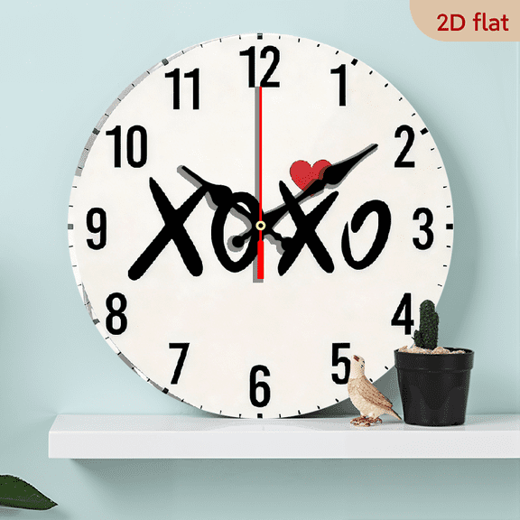 2D Flat 1pc 10Inch Wooden2D Flat XOXO Heart Design Modern White Black Wall Clock with Red Hands Silent Quartz Movement, Round Clock for Home, Office, Bedroom, Kitchen, Outdoor EasytoRead Black Han