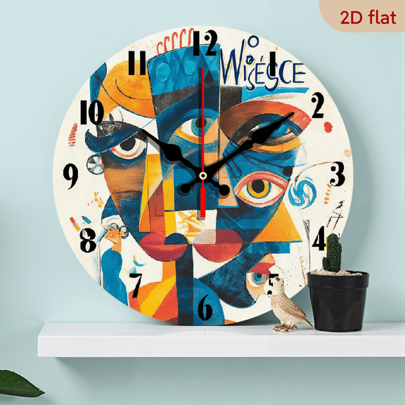 2D Flat 1pc 10Inch art themed wooden wall clock with cubist - picasso - inspired pattern design, battery powered silent clock, suitable for living room, bedroom, kitchen, office decoration