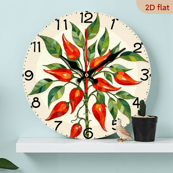 2D Flat 1pc 10Inch a chili pepper wooden Wall Clocks, Wooden Frame, Perfect for Home, Kitchen, Pool or Bathroom Decor, Home Wall Decoration, Vibrant Artwork Clock, Living Room Wall