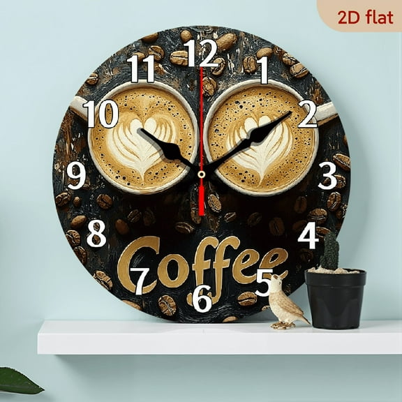 2D Flat 1pc 10Inch coffee theme wooden wall clock, showing two cups of latte with heart - shaped foam and coffee beans pattern design, silent clock, coffee shop decoration