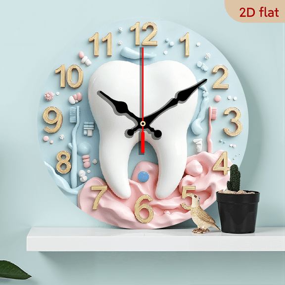 2D Flat 1pc 10Inch dental theme wooden wall clock - silent mechanical movement, tooth shape design printing soft tone, battery-powered (excluding AA battery), suitable for living room, bedroom