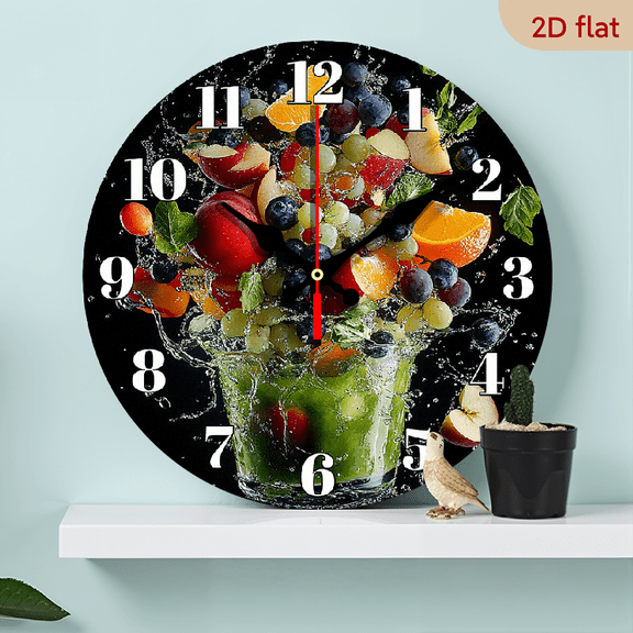 2D Flat 1pc 10Inch fruit themed wooden wall clock, silent clock with splash juice pattern design, living room, bedroom, kitchen, office, dining room decoration, modern home art decoration