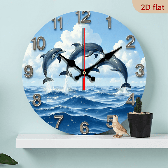 2D Flat 1pc 10Inch modern ocean-themed dolphin wall clock - silent and non-ticking quartz movement, powered by AA battery (AA battery not included), large dial for easy reading in living room
