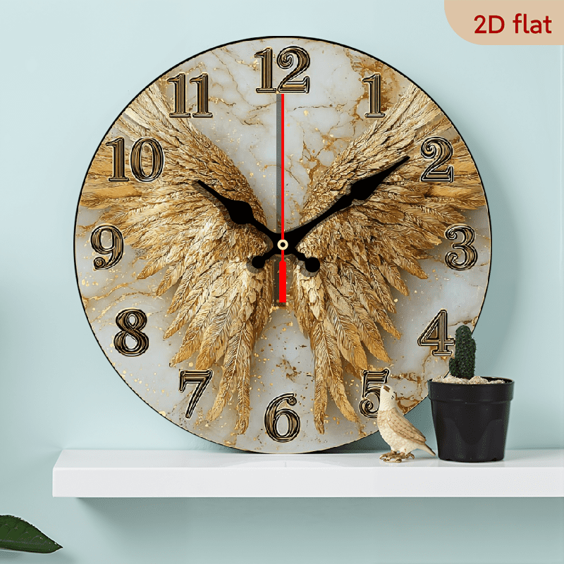 2D Flat 1pc 10Inch A pair of wooden wall clocks with Golden angel wings ...