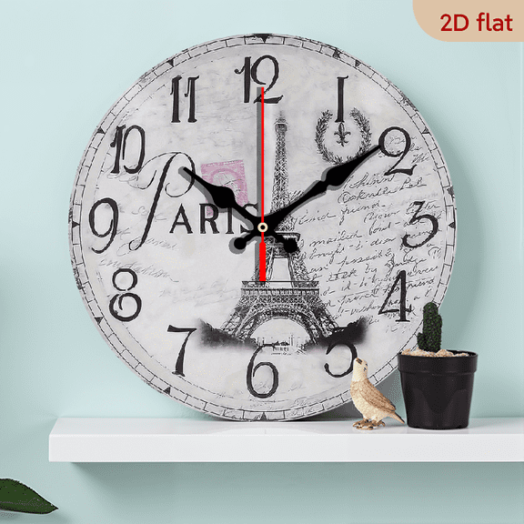 2D Flat 1pc 10Inch retro nostalgic Paris tower wooden wall clock, silent clock, for living room, home, kitchen decoration, wall clock, gift for friends, no battery