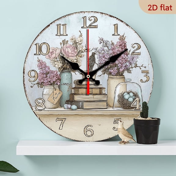2D Flat 1pc 10Inch retro nostalgic vase flower wooden hanging clock, silent clock, wall clock for living room, home and kitchen decoration, gift for friends