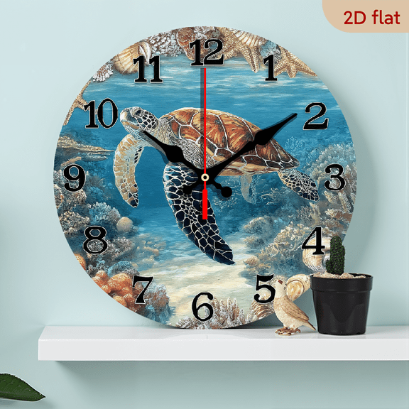 2D Flat 1pc 10Inch sea Turtle marine life corals Theme Wooden Wall Clock, Round Clock Great for Living Room, Kitchen, Dorm Decoration and Daily Practical Gift