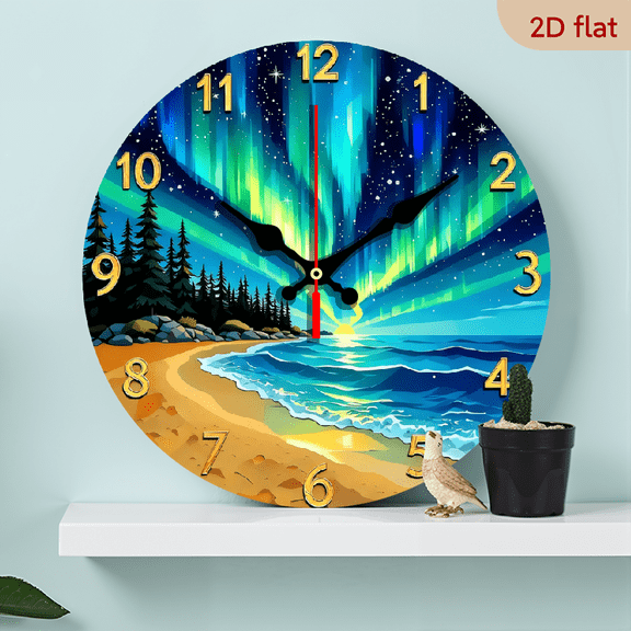 2D Flat 1pc 10Inch wall-mounted clock decoration, Aurora Borealis Starry Sky Beach word wooden circular wall-mounted clock, wooden circular decorative clock with digital display, suitable