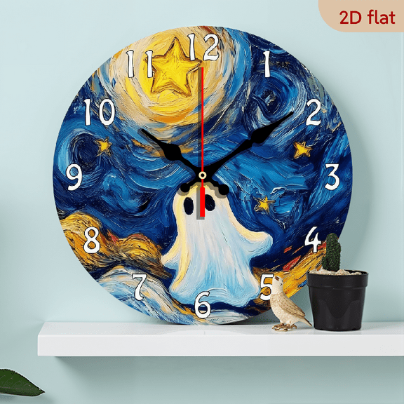 2D Flat 1pc 10Inch wall-mounted clock decoration, Little Ghost Star word wooden circular Wall Clocks, wooden circular decorative clock with digital display, suitable for home decoration