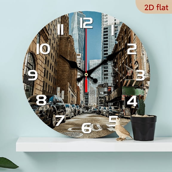 2D Flat 1pc 10Inch wooden wall clock with New York Cityscape design - silent clock, suitable for living room, kitchen, bedroom, office wall decoration, modern home art decorations.