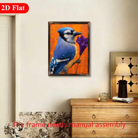 2D Flat, 1pc, 12*16inch Framed Wooden Board Print, Blue Sparrow with Purple Bells, Minimalist Bird Wall Art.