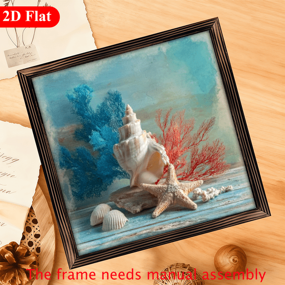 2D Flat, 1pc 12x12inchCoastal Beach Wall Art - Starfish Seashell Framed Painting in Blue Turquoise - Rustic Wooden Background - Easy Hanging Plaque for Living Room, Kitchen, Bathroom, Office - H