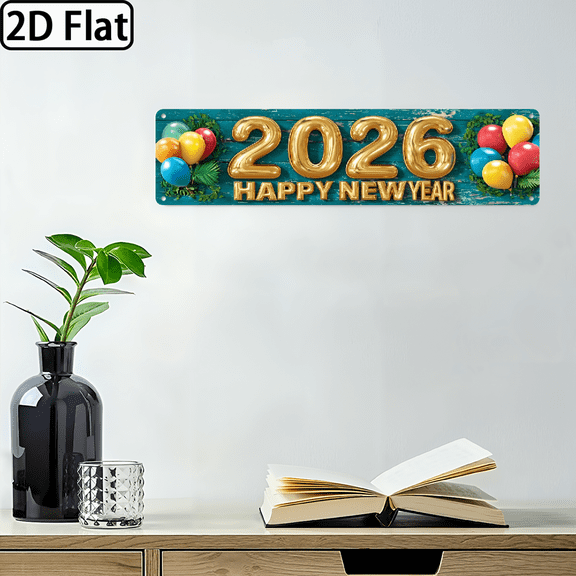 2D Flat - 1pc 2026 HAPPY NEW YEAR Iron Decorative Sign Vintage Wall Hanging, Multipurpose for Room, Restaurant, Cafe, Garage, Farmhouse Decor. 16*4in