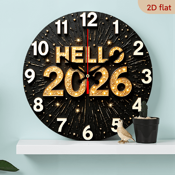 2D Flat 1pc 2026 New Year Fireworks-Themed 2D Flat Wooden Wall Clock Silent Decorative Clock, Creative Wall Clock, Suitable for Bedrooms, Living Rooms, and Offices, 10 Inches, Manufactured Wood