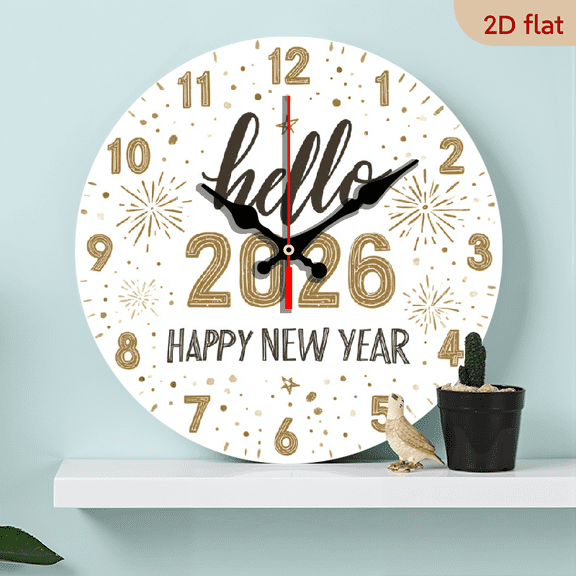 2D Flat 1pc 2026 New Year Themed Wooden Wall Clock Silent Decorative Clock, Creative Design, Suitable for Bedroom, Living Room, Office Decor, 10Inches - Manufactured Wood, Round Shape, Auto-Shut-O