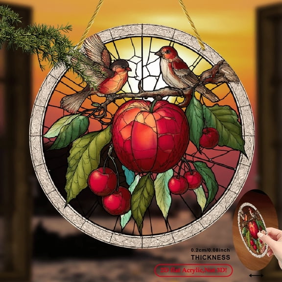 2D Flat, 1pc 2D Bird and Apple Stained Glass Window Hanging, Home Decoration, Sun Catcher, Perfect for Autumn Decor, 8X8 inches, 2D Flat