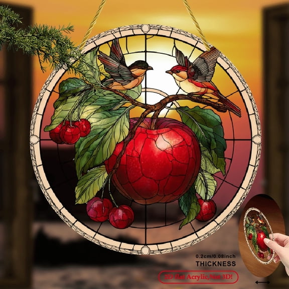 2D Flat, 1pc 2D Bird and Apple Stained Glass Window Hanging, Home Decoration, Sun Catcher, Perfect for Autumn Decor, 8X8 inches, 2D Flat