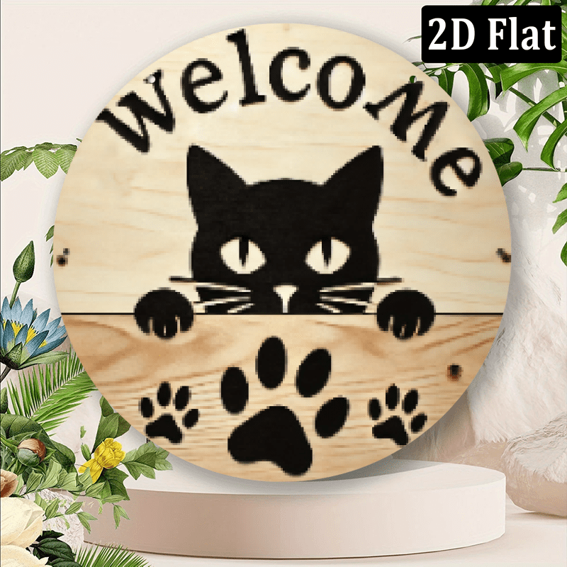2D Flat - 1pc, 2D, Charming Round Black Cat Welcome Sign, Rustic Style ...