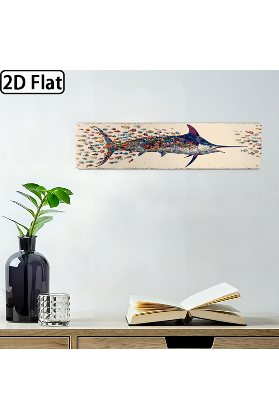 2D Flat 1pc 2D Flat, 4x16 Inch Aluminum Metal Wall Art - Elegant Narwhal Swimming Through Fish Design, Aquatic Themed Decor for Home or Office, Unique 2D Flat Print, Office Artwork Whimsical Design