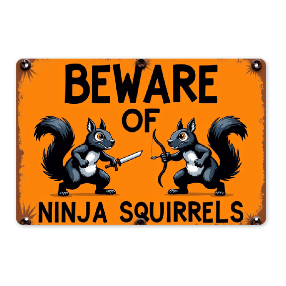 2D Flat, 1pc 2D Flat Artistic Metal Tin Sign - _Beware of Ninja Squirrels_ Humorous Outdoor Wall Decor, Waterproof Dustproof Durable Metal Sign for Garden, Patio, for Man Cave, 8*12in