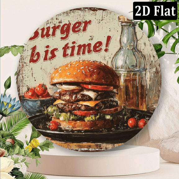 2D Flat, 1pc 2D Flat Burger Metal Sign, 'It'S Burger Time!', Outdoor Indoor Aluminum Wall Art Hanging Plaque Sign Decro For Fast Food Shop, Restaurant, Kitchen, Perfect 8x8inch Sign Gift