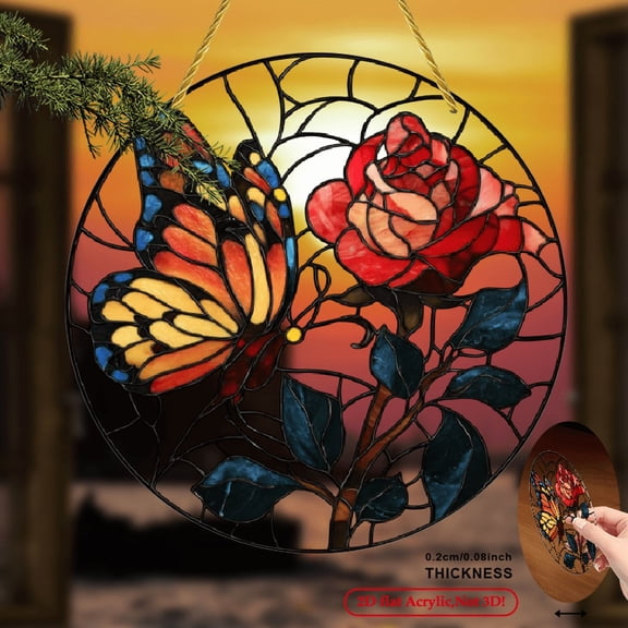 2D Flat, 1pc 2D Flat Butterfly and Rose Sun Catcher, Dyed Acrylic Sun Catcher, 8 x 8, Winter Decor, Round Sign, Centerpiece, Window Decoration, Porch Decor, Wall Art, Home Decor, Room Accent