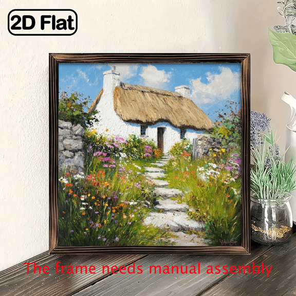 2D Flat - 1pc 2D Flat Irish Thatched Cottage Wooden Framed Sign with Flower Garden and Stone Path, Rustic Style, Ideal for Bedroom, Living Room, Kitchen, St Patrick'S Day Decor, 8x8 Inch