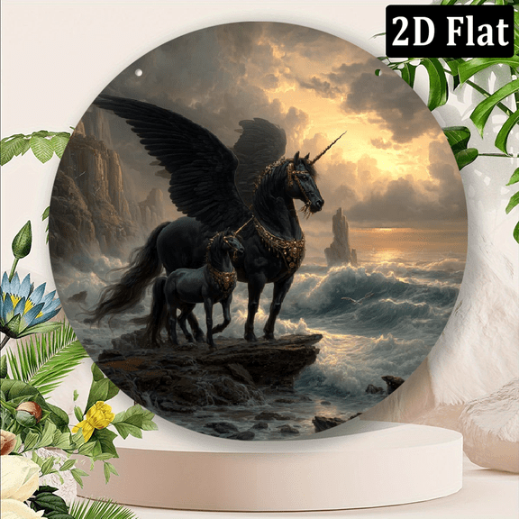 2D Flat, 1pc, 2D Flat Print, Round Metal Aluminum decoratet Signage, Pegasus Themed, for Bar Kitchen Coffee home room living room office decor, party decor, Christmas Gifts, Holiday Gifts, 8x8 I