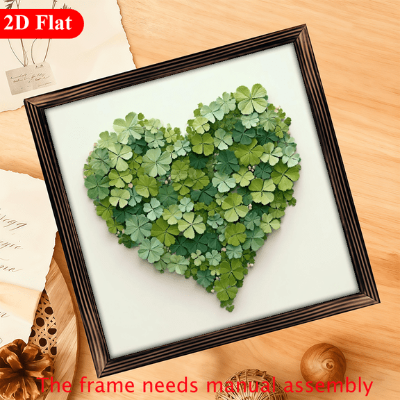 2D Flat - 1pc 2D Flat Print Wooden Wall Art 12x12inch Heart Shape Clover Pattern Green Nature Inspired Home Decor for Living Room Bedroom Framed Wall Art Deco for Kitchen Bathroom, Best Gifts for