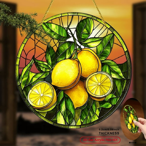 2D Flat, 1pc 2D Flat Round Acrylic Sign - Boho Lemon Design Wall Art, 8x8 Vibrant Spring Summer Decor, No Electricity Needed, Durable Acrylic for IndoorOutdoor Use, Housewarming Gift, Wreath Sign
