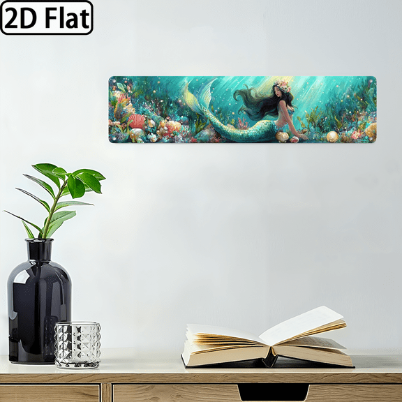 2D Flat 1pc 2D flat 4X16 inch sign Underwater Wonderland Featuring a Mermaid Among Colorful Shells and Radiant Pearls for Whimsical Living Room Displays, Room Decor