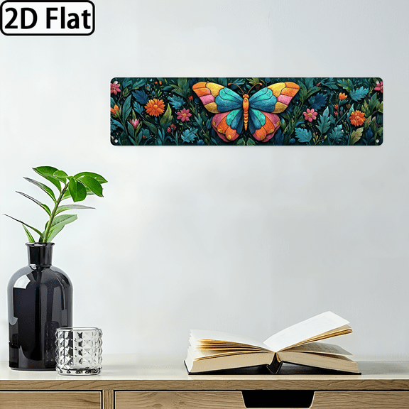 2D Flat, 1pc 4x16 Inch Aluminum Metal Wall Art Sign - Vibrant Butterfly Floral Design with Antennae, 2D Flat Print Home Decor for Living Room, Durable Lightweight Wall Hanging, Butterfly Room Decor