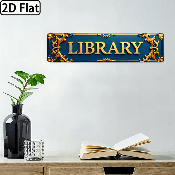 2D Flat, 1pc 4x16 Inch Aluminum Sign - Classic Golden Lettered Library Artwork with Intricate Patterns, Vintage-Inspired Wall Decor for Bedroom Study, Durable Elegant Home Decoration, Bookshelf De