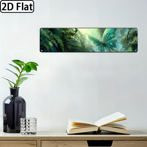 2D Flat, 1pc 4x16 Inch Metal Wall Art Sign - Vibrant Gemstone-Eyed Butterfly Lush Foliage Design, 2D Flat Nature-Themed Decor for Bedroom Oasis, Living Room, Office - Durable Easy to Install, But