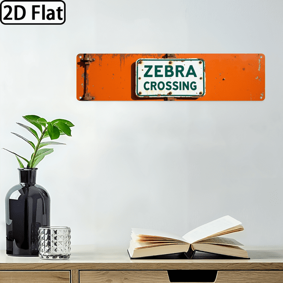 2D Flat 1pc 4x16 Inch Retro Zebra Crossing Metal Sign - Rustic Street Style Directional Arrow Wall Art with Aged White Zebra Stripes Orange Background, Durable OutdoorIndoor Decoration for Garden