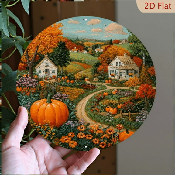 2D Flat - 1pc 7.87X7.87Inch Aluminum2D FLAT PRINTINTG 1pc Autumn Village Aluminum Round Wall Art- 8X8 Inch Rustic Farmhouse Decor With Houses, Pumpkins Fall Foliage- Perfect For Home