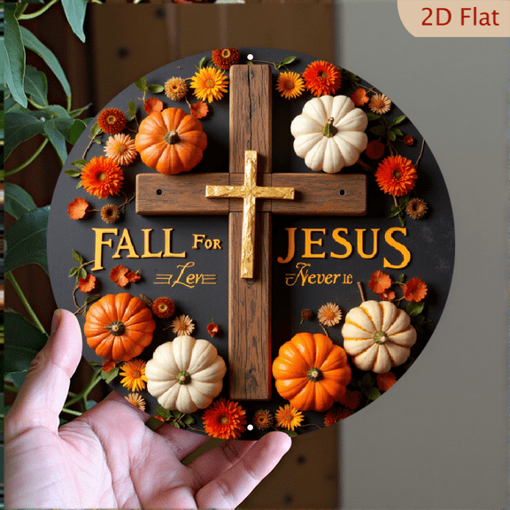 2D Flat - 1pc 7.87X7.87Inch Aluminum2D FLAT PRINTINTG 1pc Vintage "Fall For Jesus He Never Leaves" Round Aluminum Sign 7.87X7.87In- Rustic Autumn-Themed Wall Decor With Cross Pumpkins