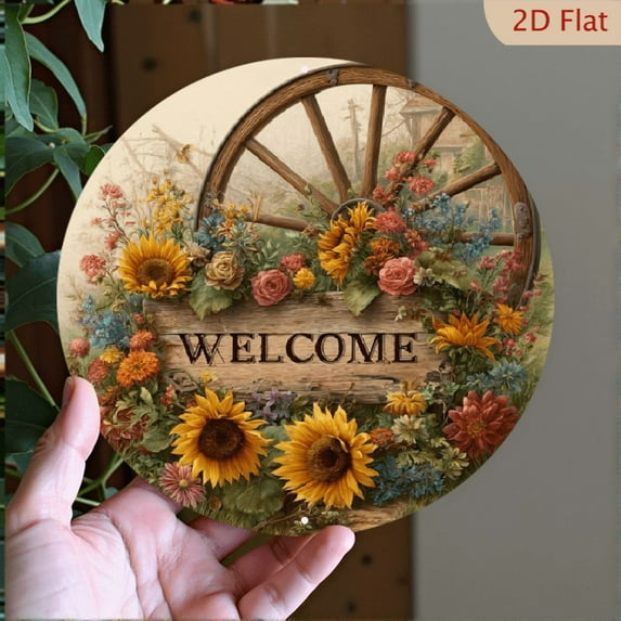 2D Flat - 1pc 7.87X7.87Inch Aluminum2D FLAT PRINTINTGRustic 2D Floral Wheel Metal Sign, 7.8X7.8 Inches (20X20Cm), Welcome Art Decor For Door, Wall, Home, Room, Farmhouse, Street, Shop, Garage
