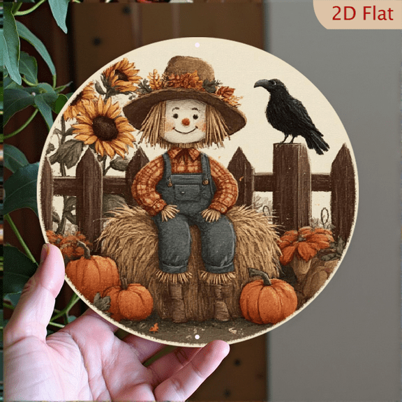 2D Flat, 1pc 7.87x7.87 Inch Aluminum Vintage Autumn Scarecrow Round Metal Sign - Rustic Fall Wall Decor with Pumpkins, Sunflowers Plaid Design, Art for Farmhouse, Thanksgiving, Halloween Gift